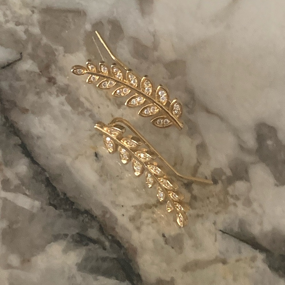Gold Plated Cz. Ear Crawlers, Earrings, Floral, Stainless Steel